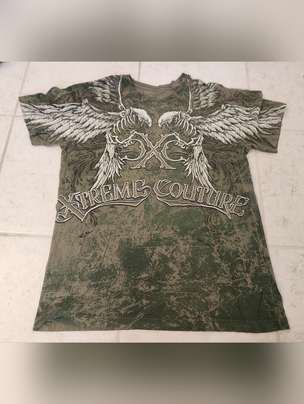 Mens Xtreme Couture by Affliction Short Sleeve Green Eagle T Shirt Size L #1452
